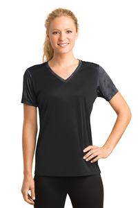 Sport-Tek LST371 Ladies CamoHex Colorblock V-Neck Tee