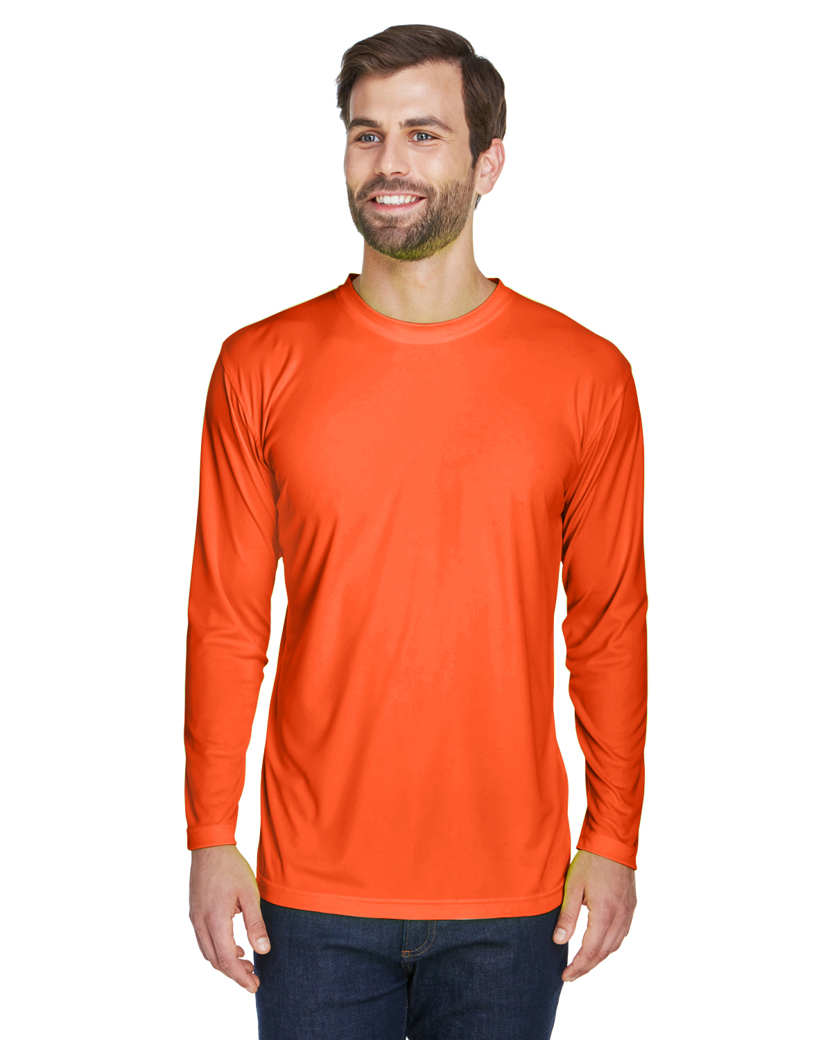 UltraClub 8422 Adult Cool & Dry Sport Long-Sleeve Performance Interlock  T-Shirt–Bright Orange (S)