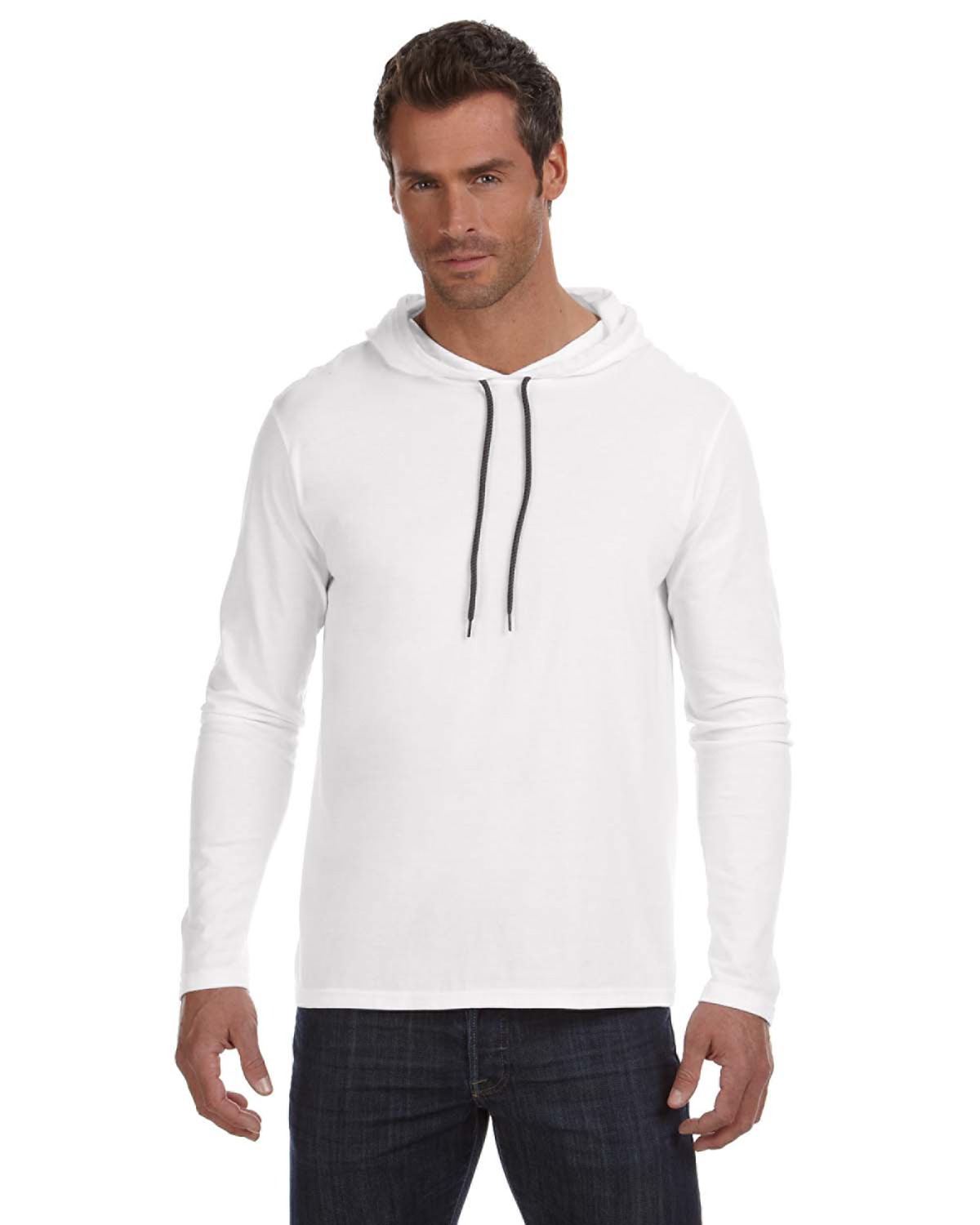 Anvil by Gildan 987AN 100% Combed Ring Spun Cotton Long Sleeve Hooded  T-Shirt - White / Dark Gray - XL