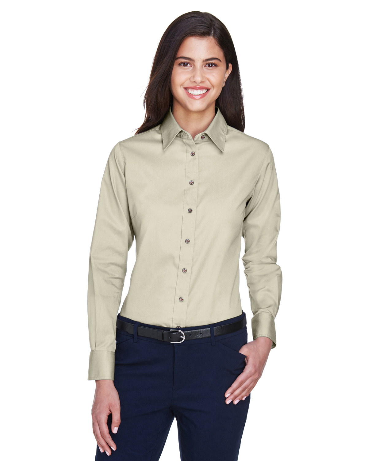 Harriton M500W Ladies' Easy Blend™ Long-Sleeve Twill Shirt with  Stain-Release - Creme - L