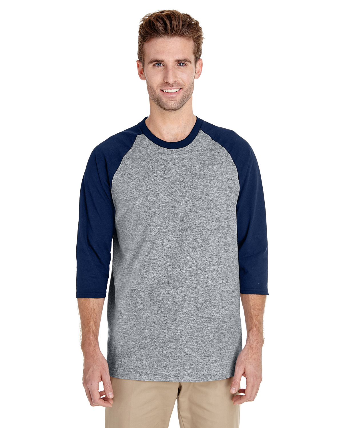 Gildan G570 Heavy Cotton ™ 3/4-Sleeve Raglan T-Shirt–Sport Gray / Navy (3XL)