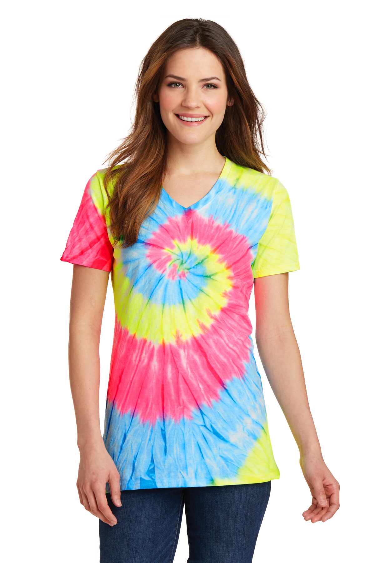 Port & Company LPC147V Ladies Tie-Dye V-Neck Tee - Neon Rainbow - S