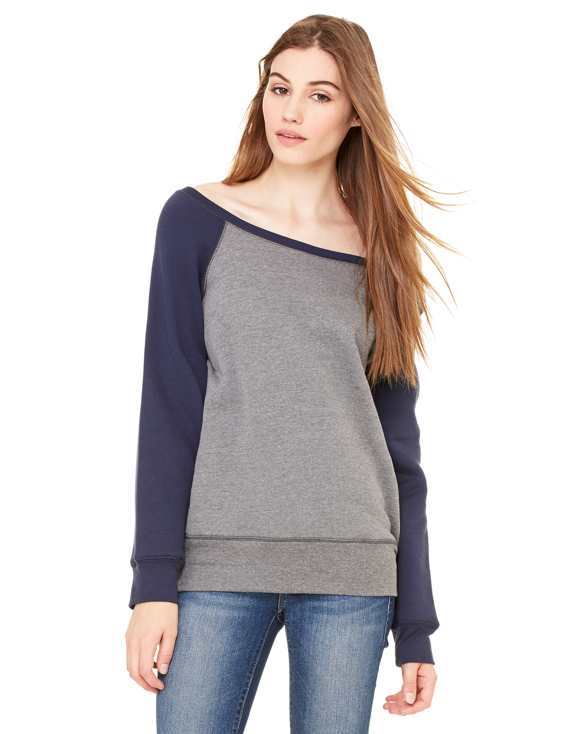 BELLA + CANVAS Women's Sponge Fleece Wide Neck Sweatshirt - Deep Heather/Navy, Soft Relaxed Fit