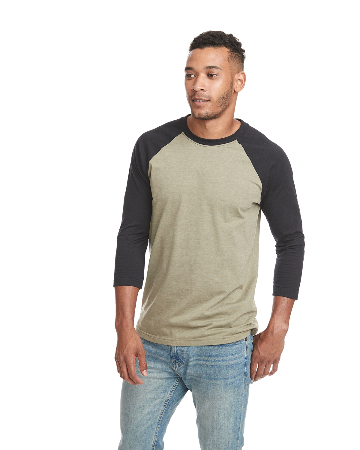 Next Level 6251 Unisex CVC 3/4 Sleeve Raglan Baseball T-Shirt–Black / Olive  (XS)