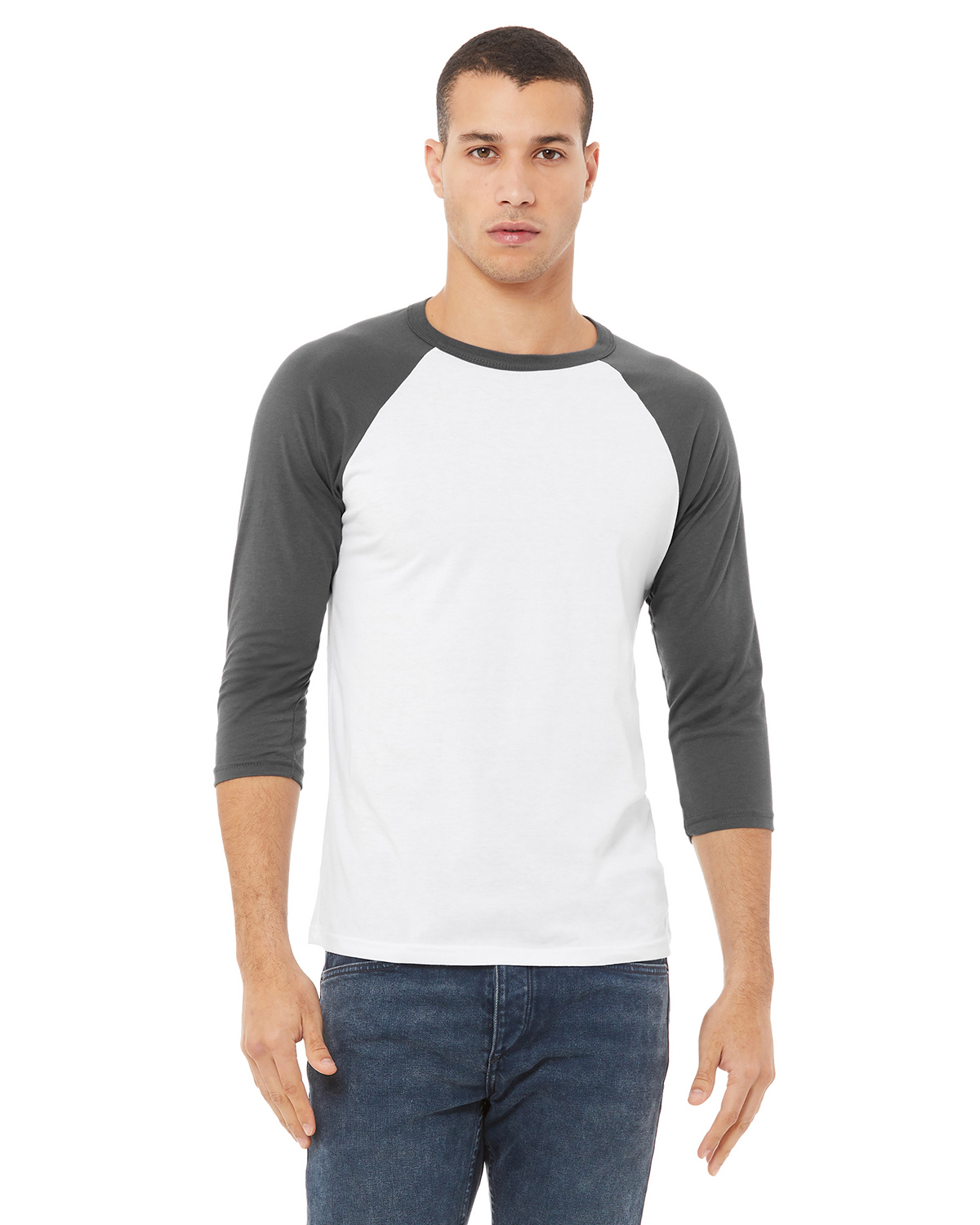 Bella + Canvas 3200 Unisex 3/4-Sleeve Baseball T-Shirt–White / Asphalt (XL)