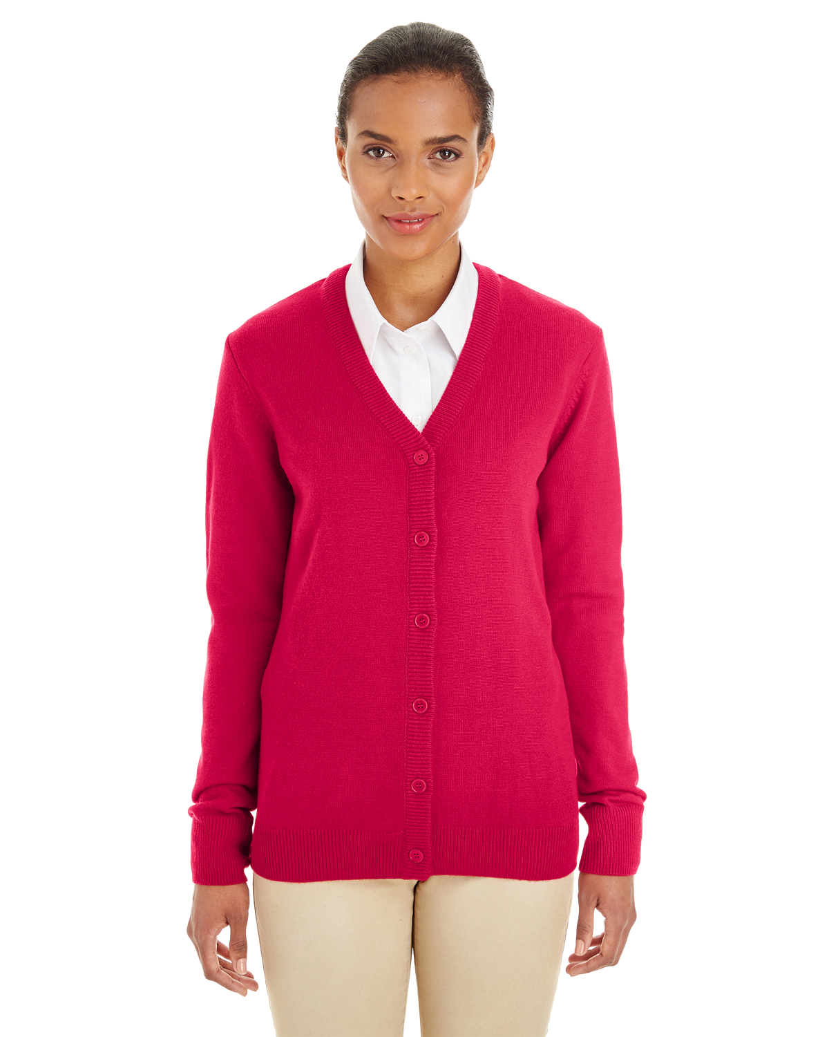 Harriton M425W Ladies' Pilbloc™ V-Neck Button Cardigan Sweater - Red - 2XL