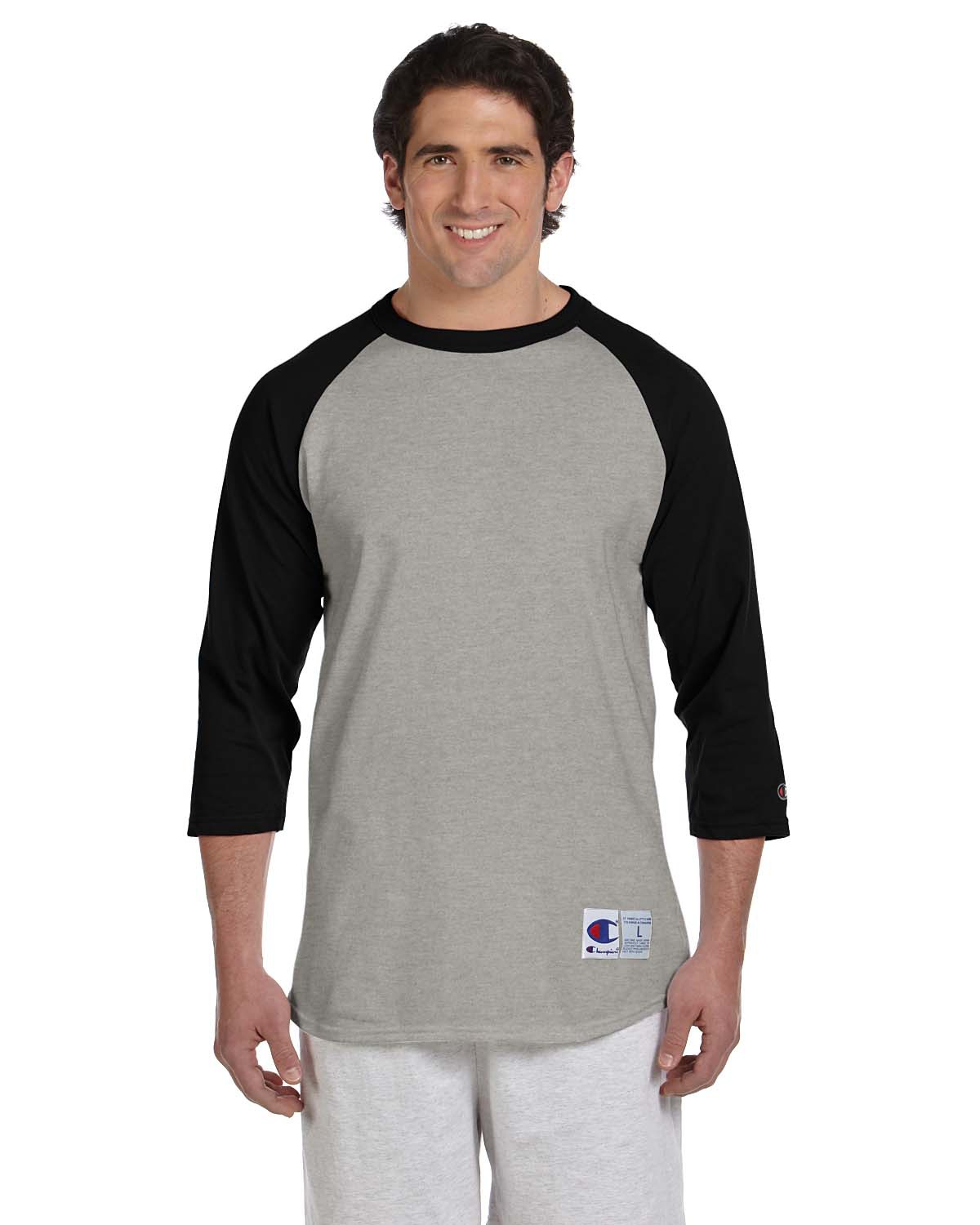 Champion T1397 Adult 5.2 oz. Raglan T-Shirt - Oxford Gray / Black - S