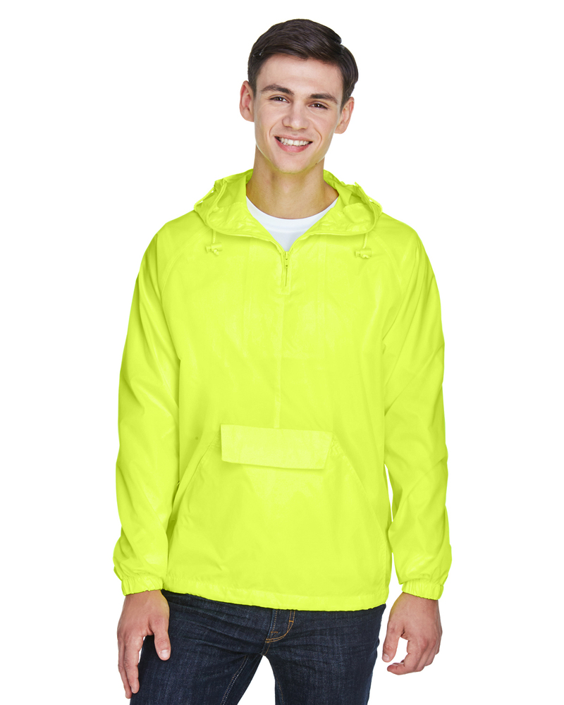 ultraclub 8925 adult quarter-zip hooded pullover pack-away jacket Front Fullsize