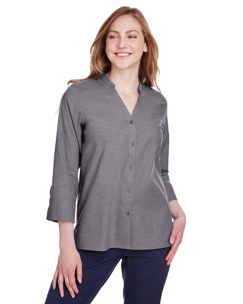 devon & jones dg562w ladies' crown collection™ stretch pinpoint chambray 3/4 sleeve blouse Front Fullsize