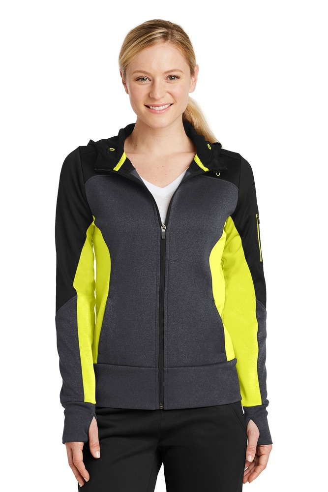 sport-tek lst245 ladies tech fleece colorblock full-zip hooded jacket Front Fullsize