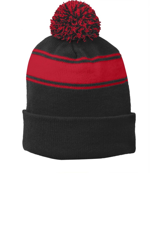 Sport-Tek STC28 Stripe Pom Pom Beanie Front Fullsize"