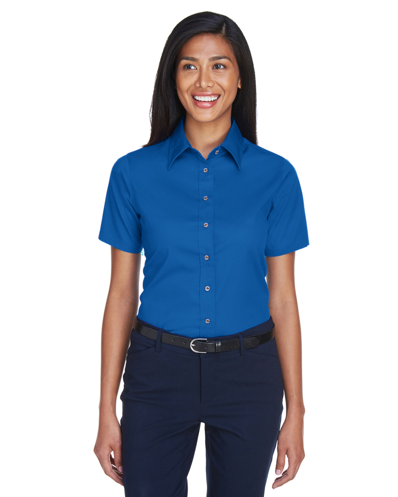 harriton m500sw ladies' easy blend™ short-sleeve twill shirt with stain-release Front Fullsize