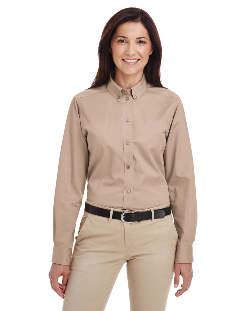 harriton m581w ladies' foundation 100% cotton long-sleeve twill shirt with teflon™ Front Fullsize