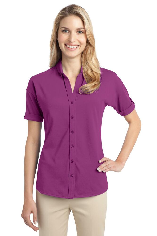 port authority l556 ladies stretch pique button-front shirt Front Fullsize