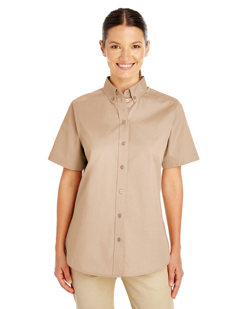harriton m582w ladies' foundation 100% cotton short-sleeve twill shirt with teflon™ Front Fullsize