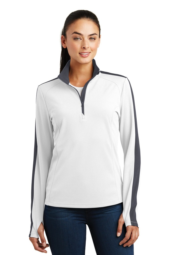 Sport-Tek LST861 Ladies Sport-Wick ® Textured Colorblock 1/4-Zip Pullover Front Fullsize"