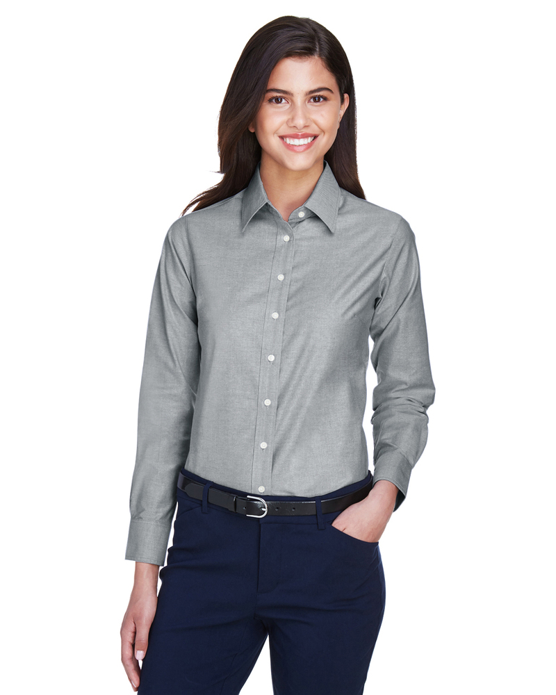 harriton m600w ladies' long-sleeve oxford with stain-release Front Fullsize