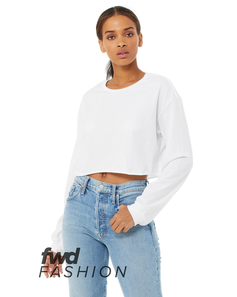 Bella Fast Fashion Ladies' Cropped Long-Sleeve Hoodie - ATH Grey TRIBLND, Medium, Cuffed Sleeves, Raw Hem - View #4