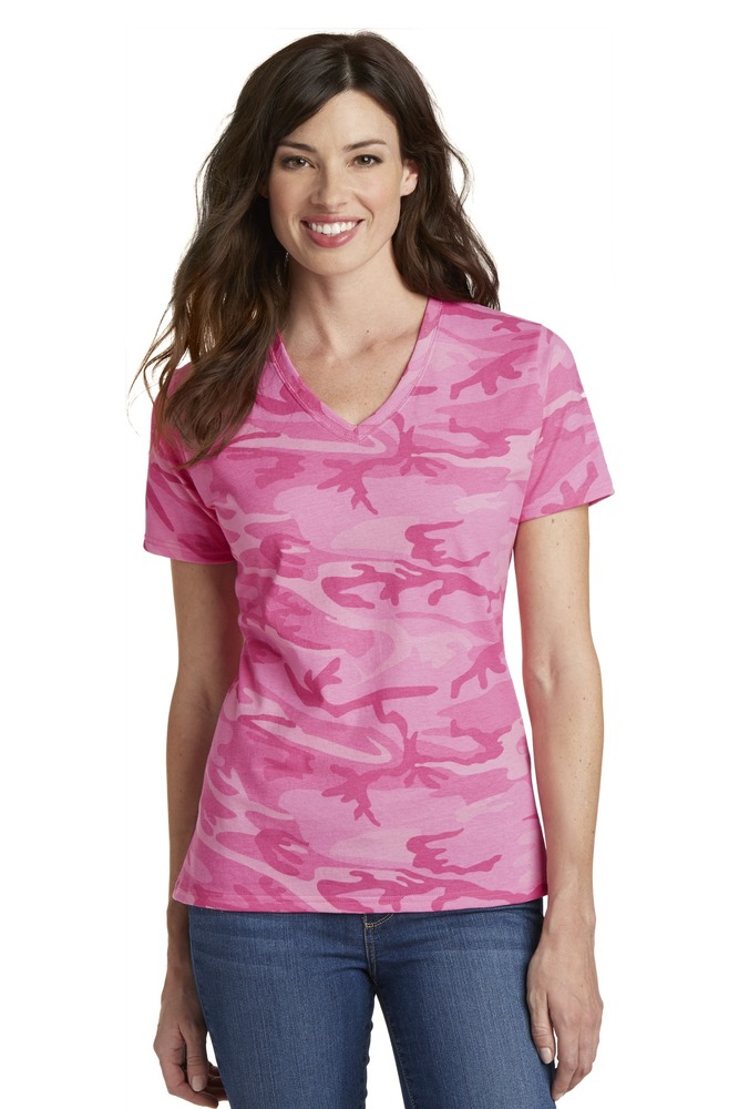 Port & Company LPC54VC Ladies Core Cotton Camo V-Neck Tee Front Fullsize"