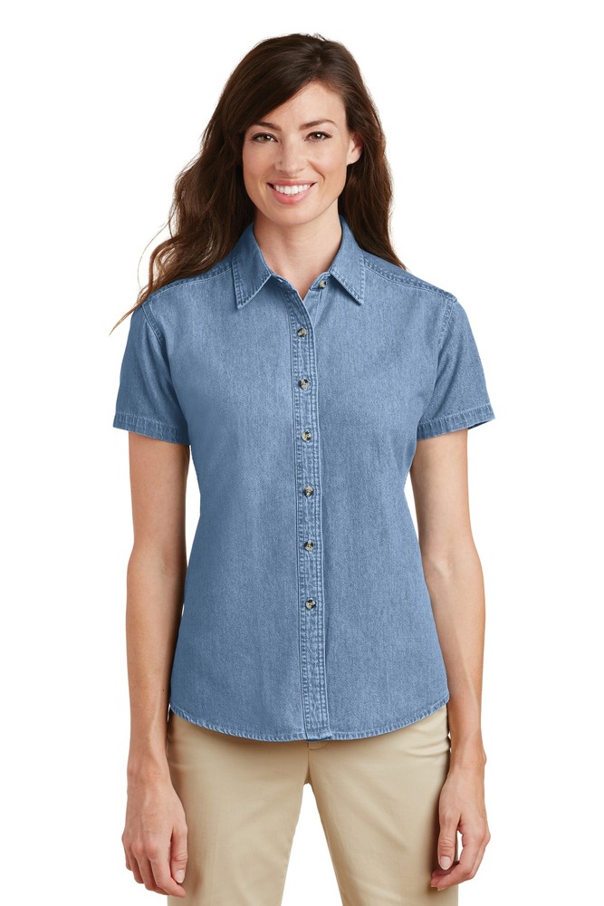 port & company lsp11 ladies short sleeve value denim shirt Front Fullsize