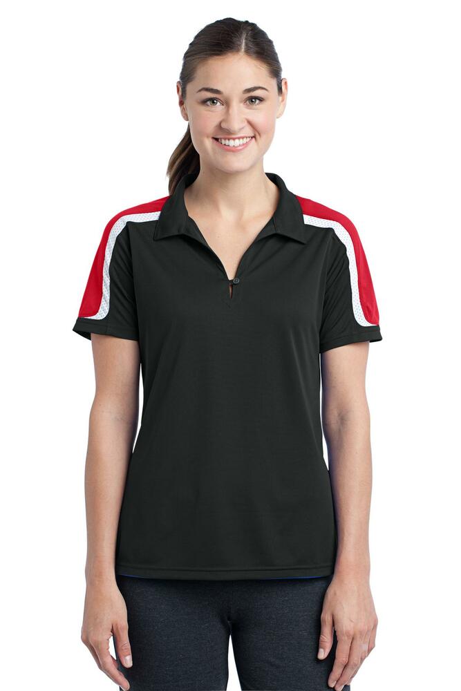 sport-tek lst658 ladies tricolor shoulder micropique sport-wick ® polo Front Fullsize