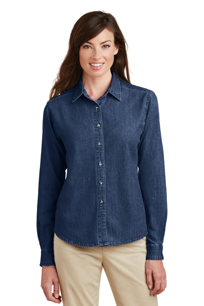 port & company lsp10 ladies long sleeve value denim shirt Front Fullsize