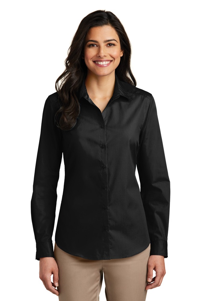 port authority lw100 ladies long sleeve carefree poplin shirt Front Fullsize