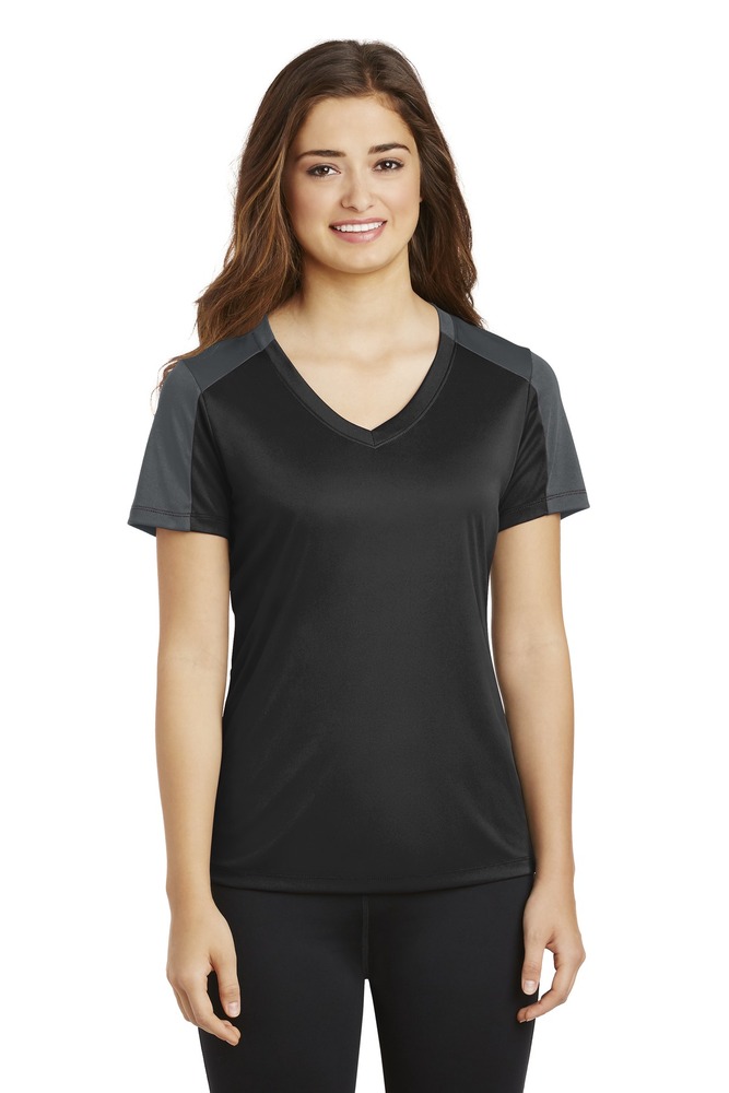 sport-tek lst354 ladies posicharge ® competitor ™ sleeve-blocked v-neck tee Front Fullsize