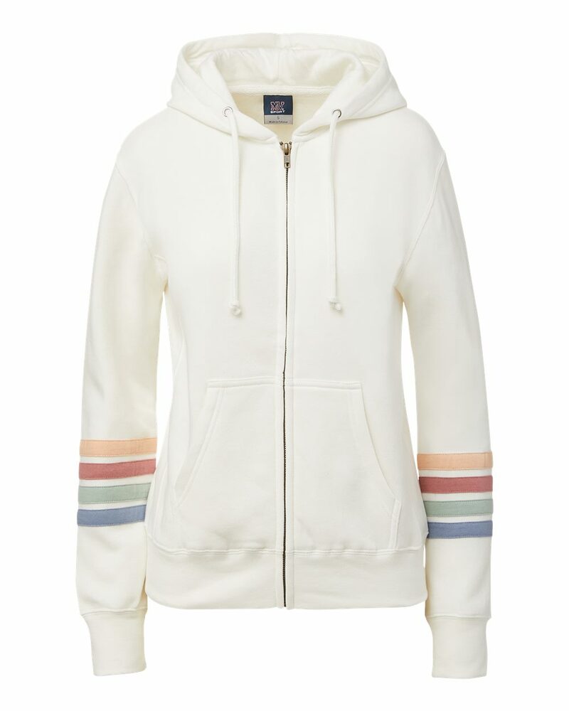 mv sport w22732 women's striped sleeves full-zip hooded sweatshirt Front Fullsize