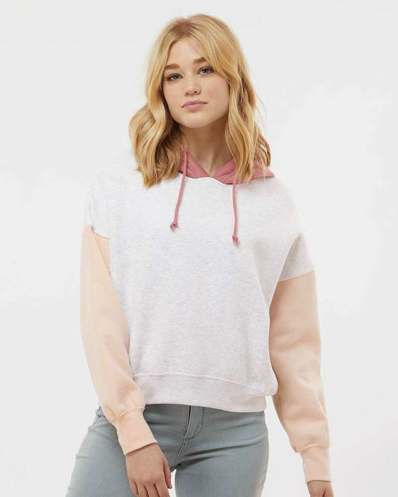 MV Sport W23716 Women's Sueded Fleece Colorblocked Crop Hooded Sweatshirt Front Fullsize"