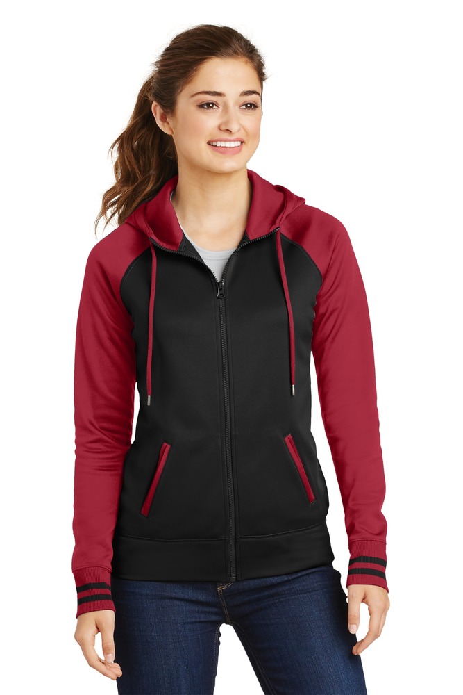 sport-tek lst236 ladies sport-wick ® varsity fleece full-zip hooded jacket Front Fullsize