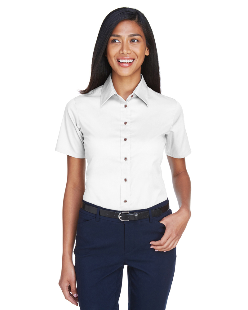 harriton m500sw ladies' easy blend™ short-sleeve twill shirt with stain-release Front Fullsize
