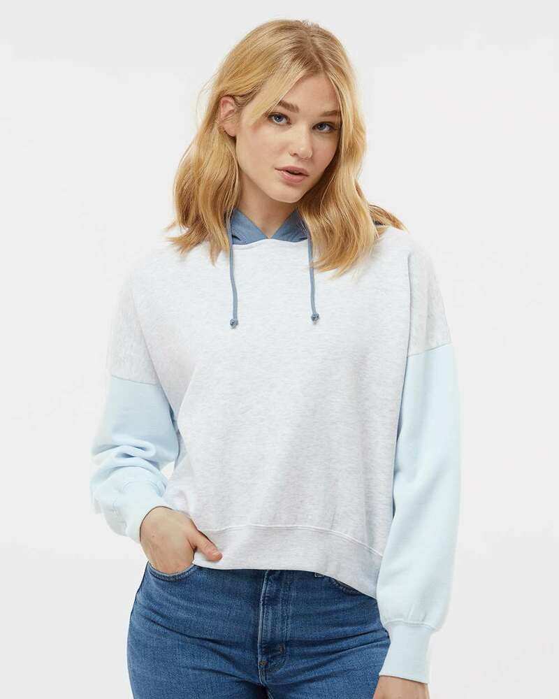 MV Sport W23716 Women's Sueded Fleece Colorblocked Crop Hooded Sweatshirt Front Fullsize"