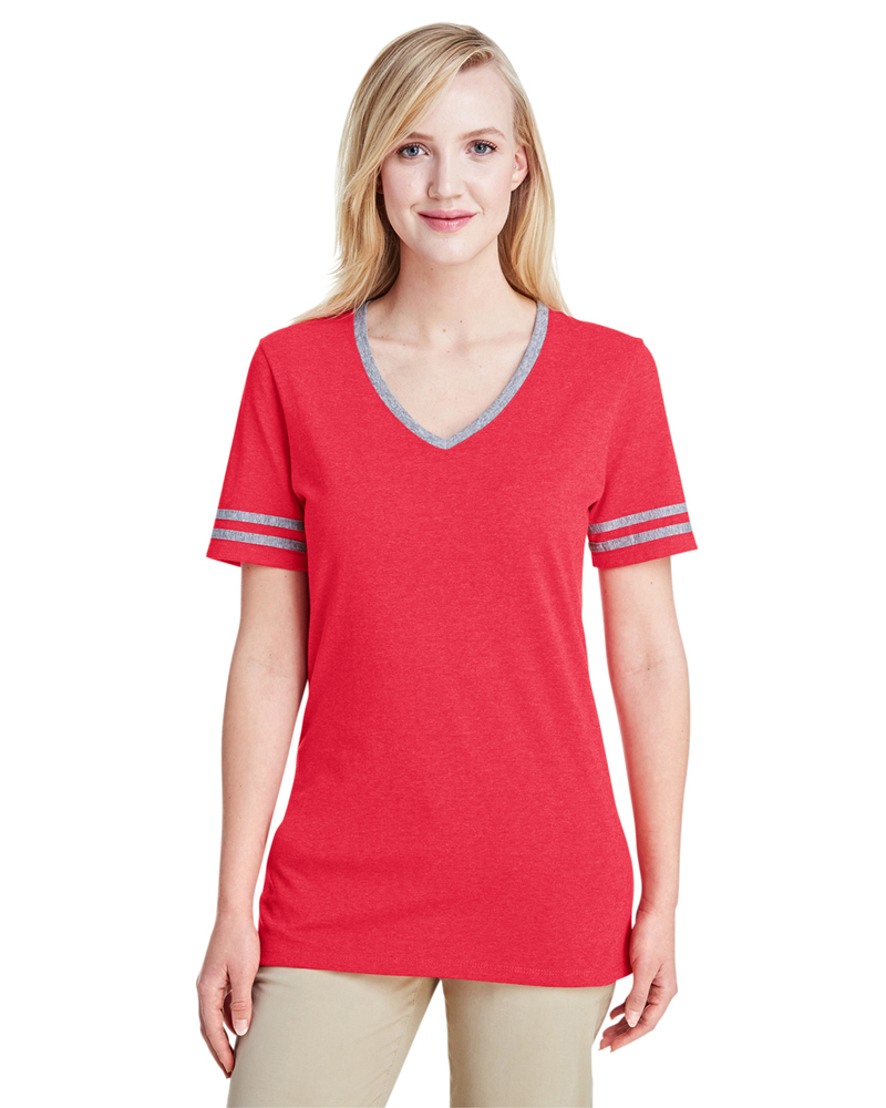 jerzees 602wvr ladies' 4.5 oz. tri-blend varsity v-neck t-shirt Front Fullsize