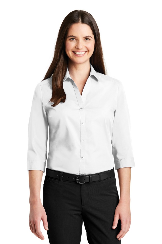 port authority lw102 ladies 3/4-sleeve carefree poplin shirt Front Fullsize