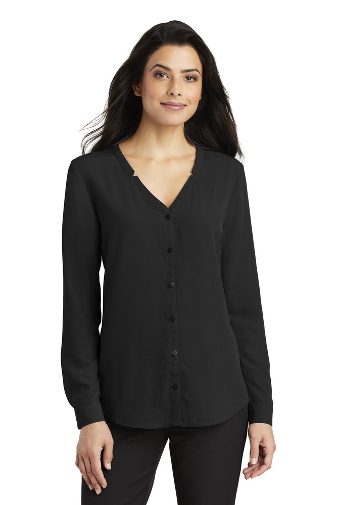 port authority lw700 ladies long sleeve button-front blouse Front Fullsize