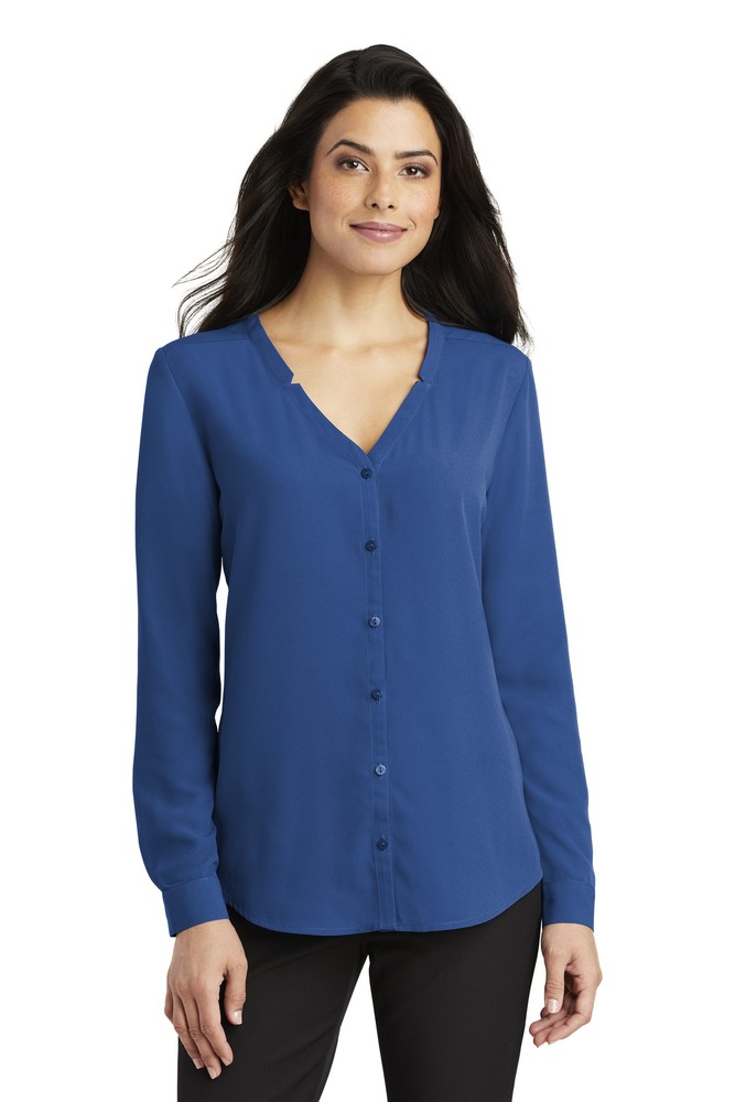 port authority lw700 ladies long sleeve button-front blouse Front Fullsize