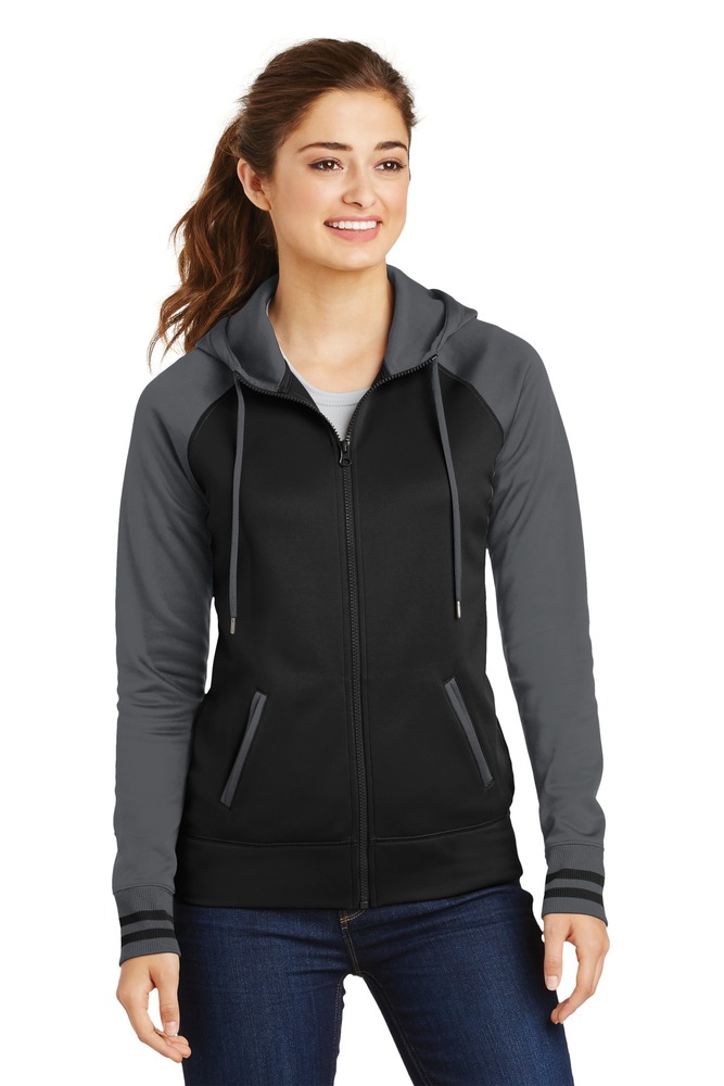 sport-tek lst236 ladies sport-wick ® varsity fleece full-zip hooded jacket Front Fullsize