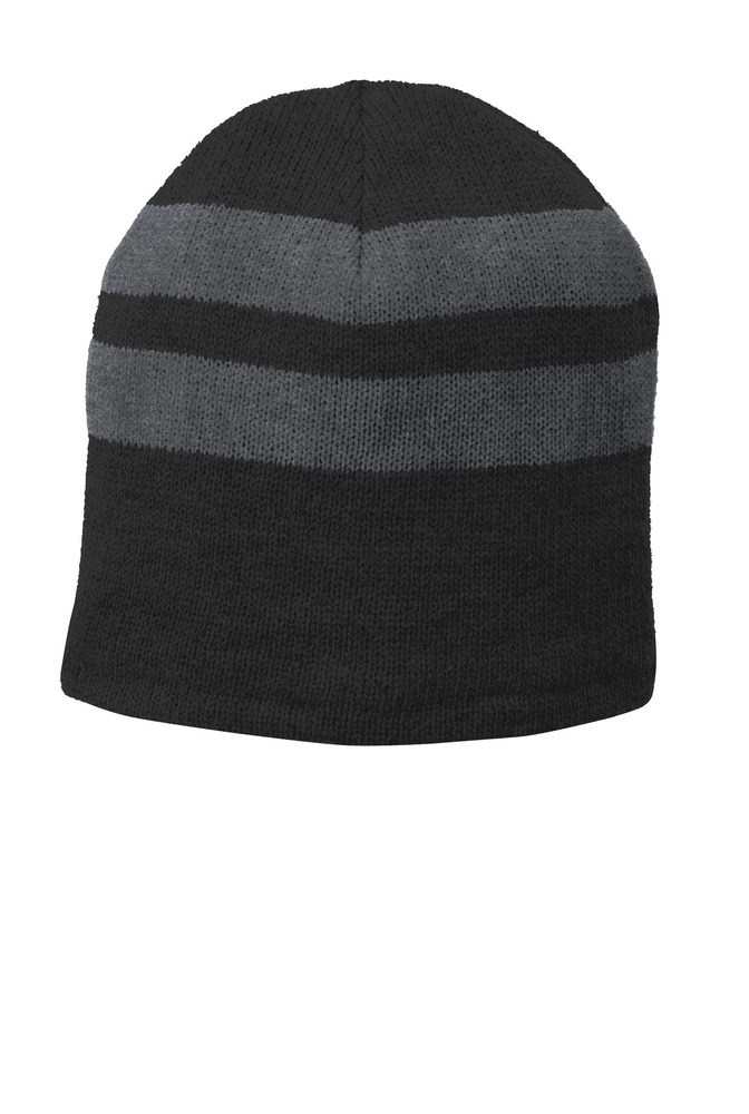 port & company c922 fleece-lined striped beanie cap Front Fullsize