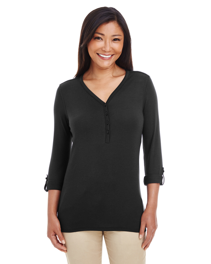 Devon & Jones DP186W Ladies' Perfect Fit™ Y-Placket Convertible Sleeve Knit Top Front Fullsize"
