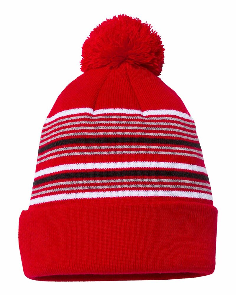 sportsman sp60 12" striped pom-pom knit beanie Front Fullsize