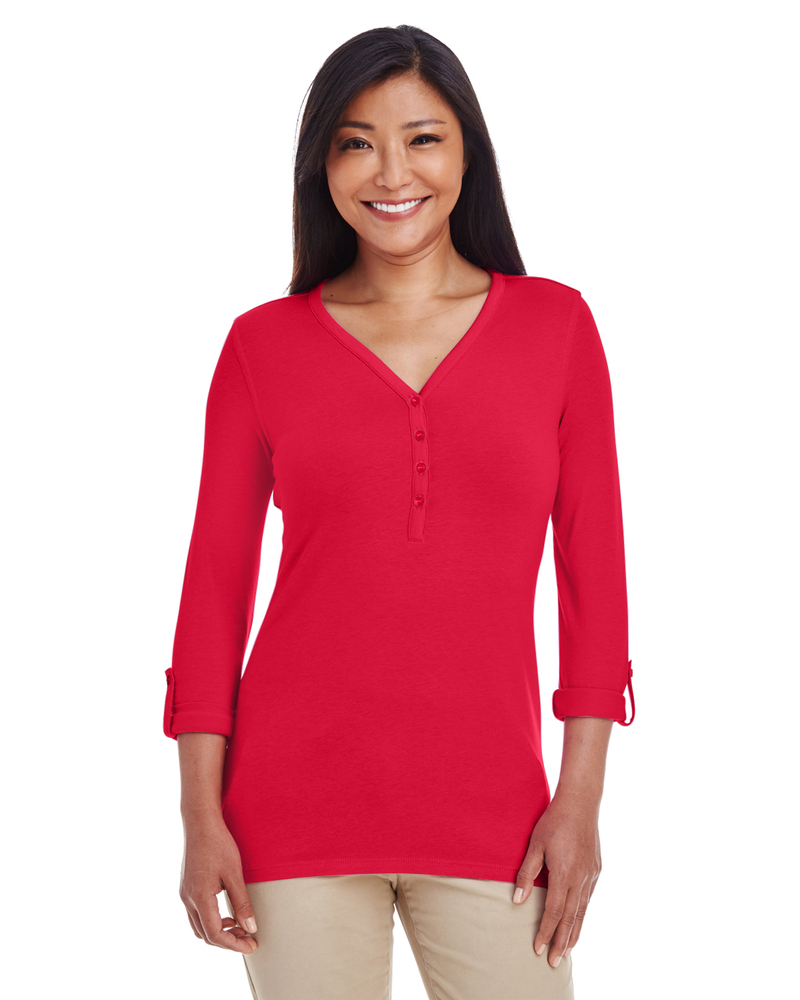 Devon & Jones DP186W Ladies' Perfect Fit™ Y-Placket Convertible Sleeve Knit Top Front Fullsize"
