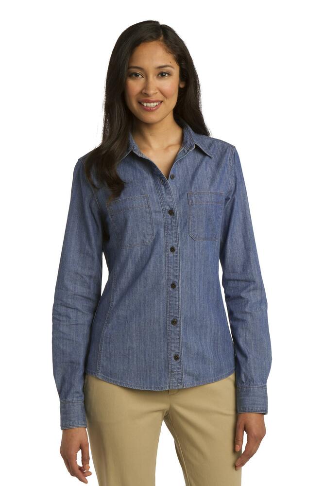port authority l652 ladies patch pockets denim shirt Front Fullsize