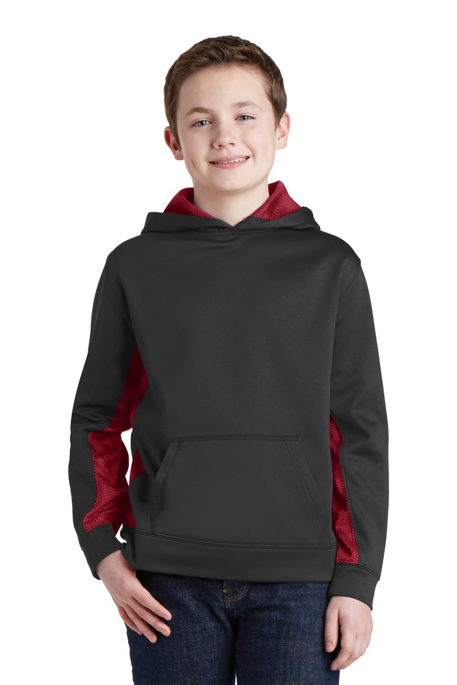sport-tek yst239 youth sport-wick ® camohex fleece colorblock hooded pullover Front Fullsize