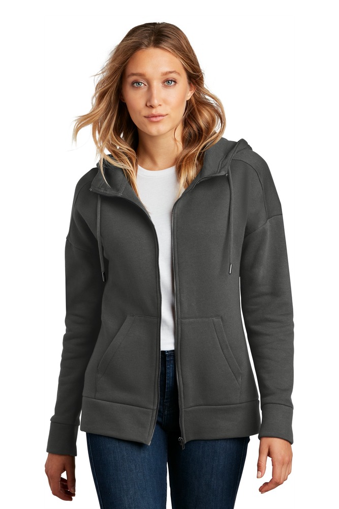 district dt1104 women's perfect weight ® fleece drop shoulder full-zip hoodie Front Fullsize