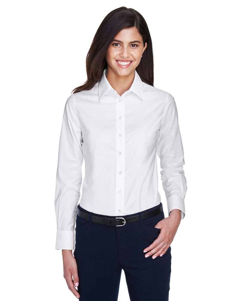 harriton m600w ladies' long-sleeve oxford with stain-release Front Fullsize