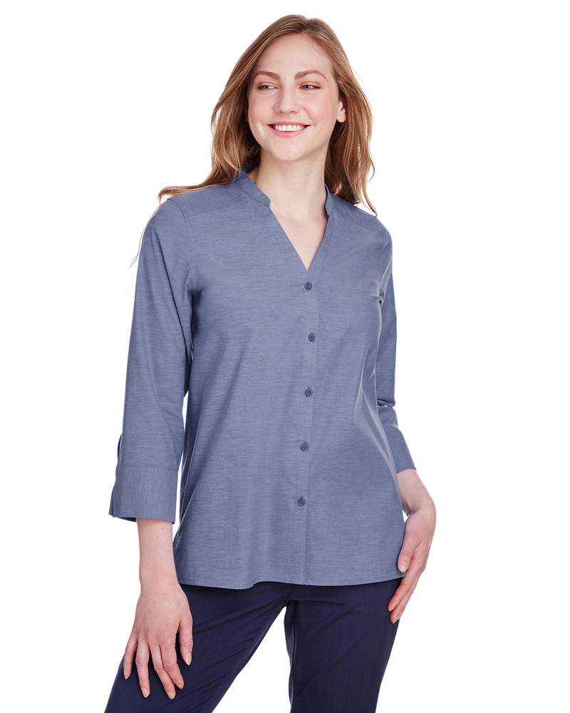 devon & jones dg562w ladies' crown collection™ stretch pinpoint chambray 3/4 sleeve blouse Front Fullsize