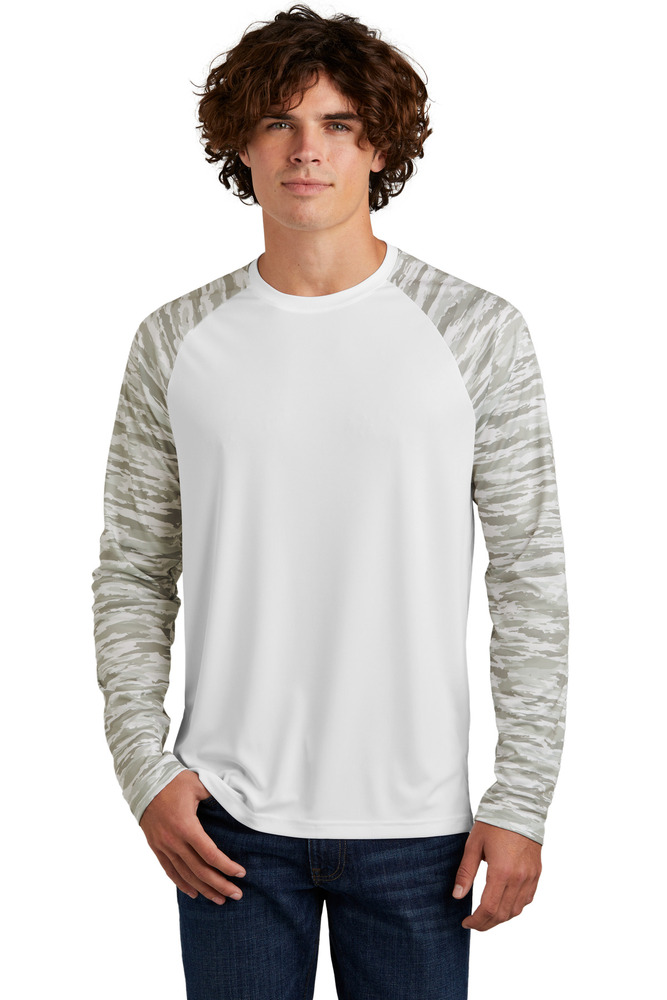 sport-tek st376ls drift camo colorblock long sleeve tee Front Fullsize