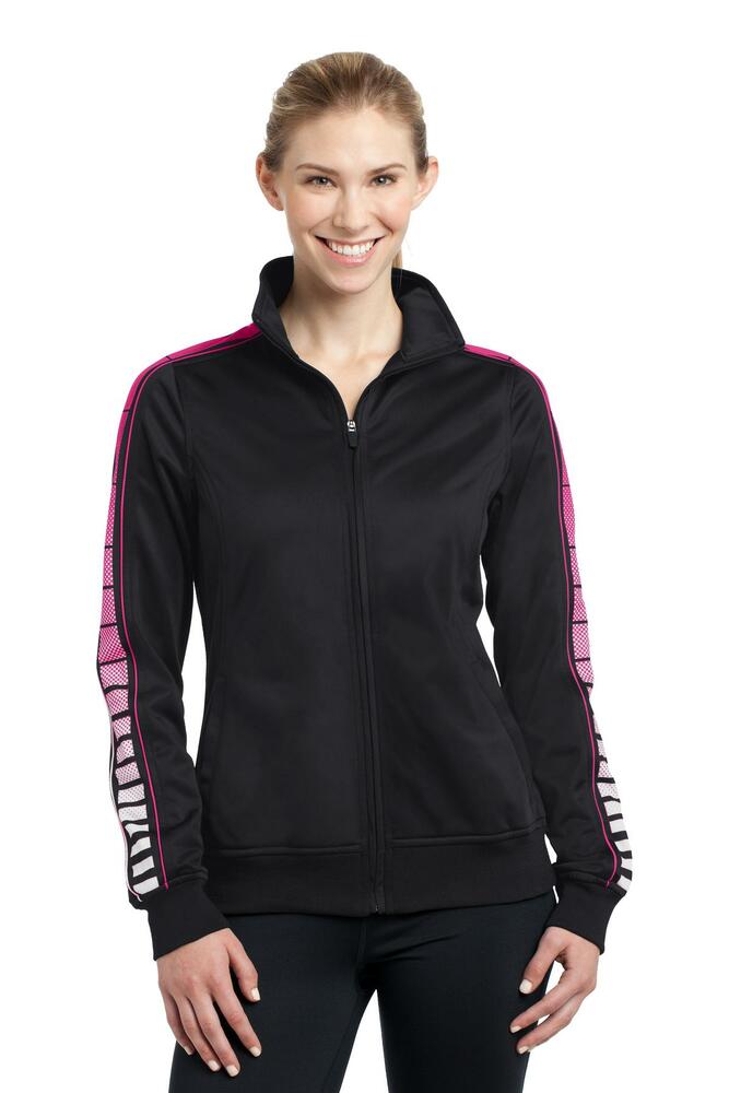sport-tek lst93 ladies dot sublimation tricot track jacket Front Fullsize