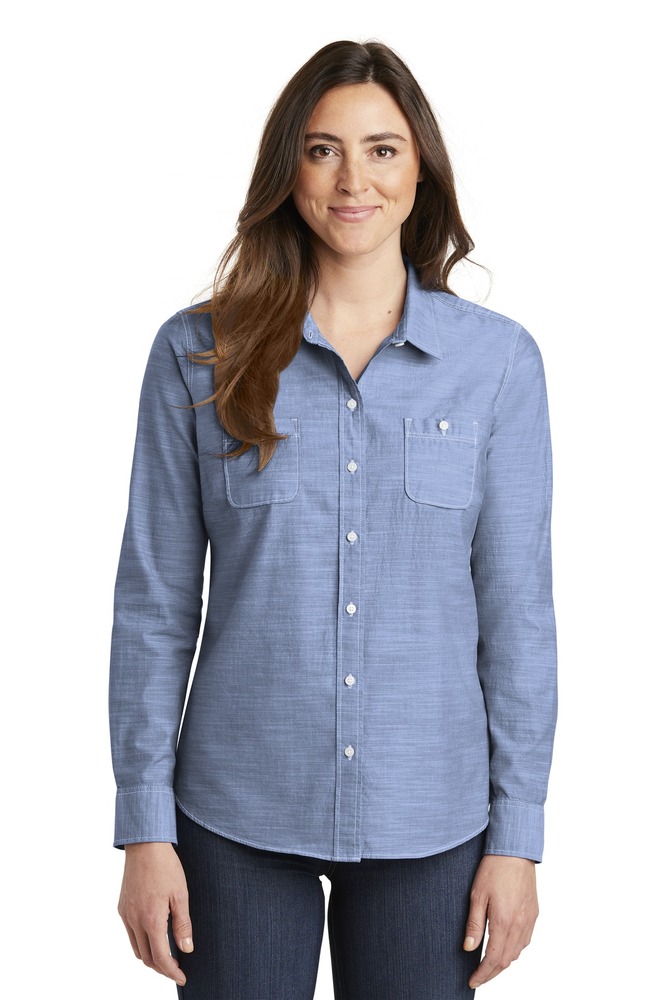 port authority lw380 ladies slub chambray shirt Front Fullsize